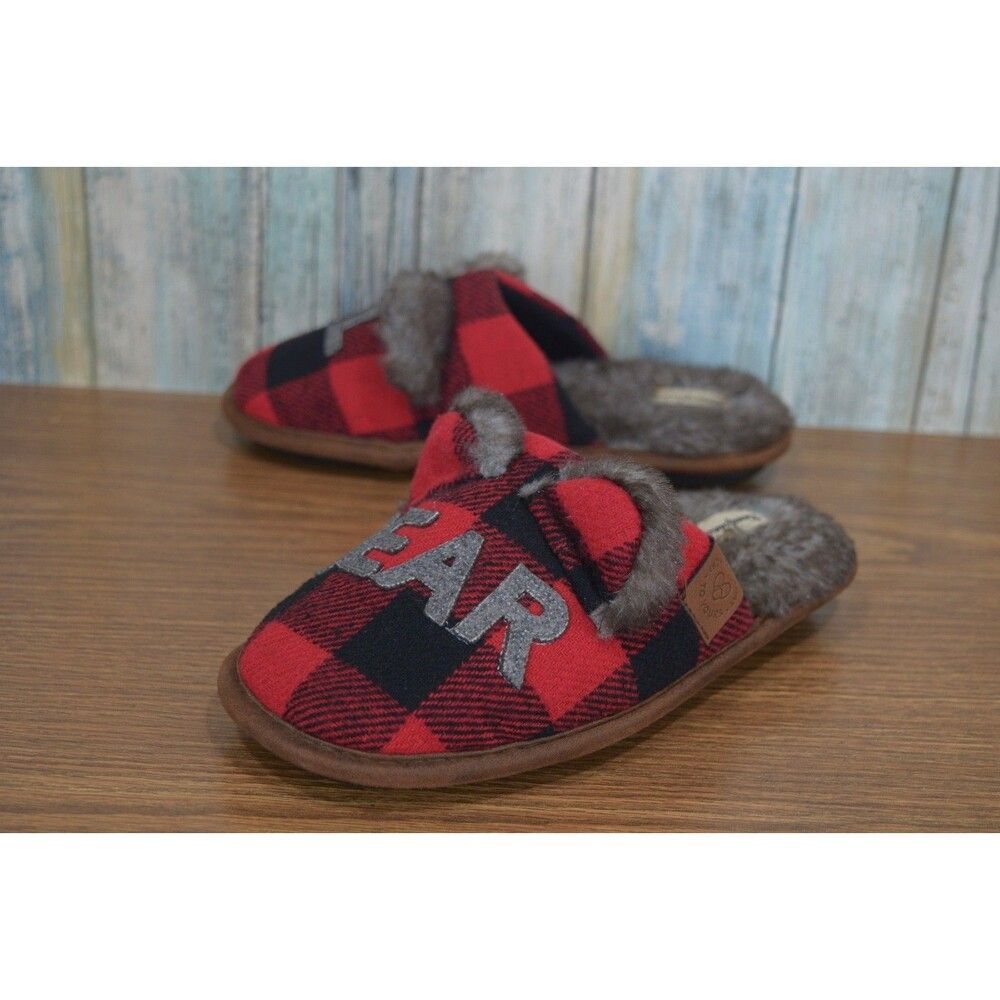 Dearfoams Lil Bear Slippers Kids 2-3 Buffalo Plaid Check Faux Fur Lined 26221